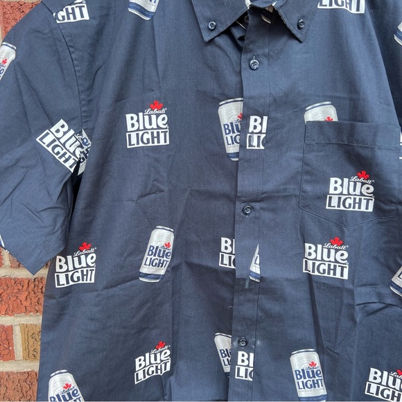 Blue Light Navy Blue Beer Can Graphic Button Down Collared Short Sleeve Shirt - Picture 2 of 4